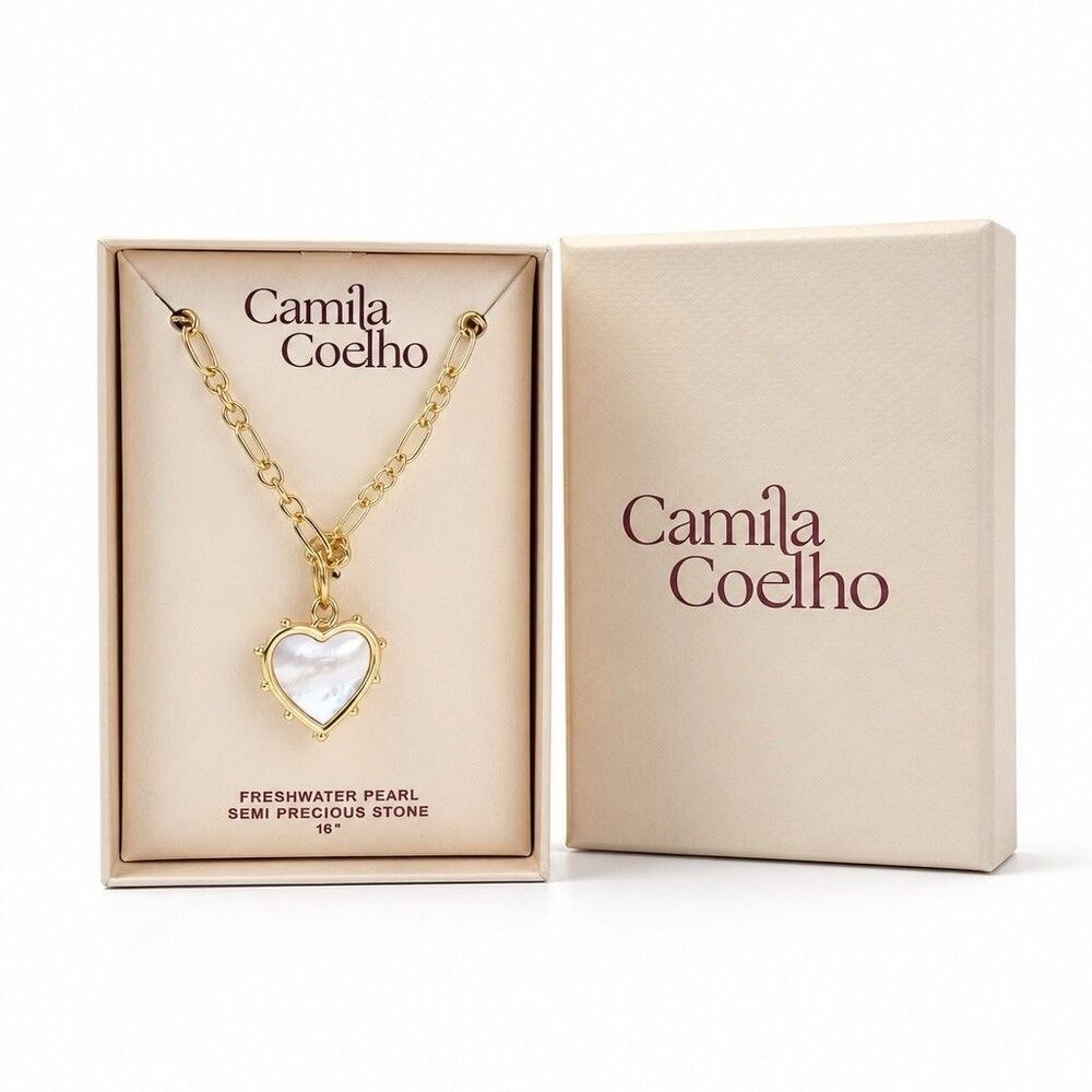 Camila Coelho Freshwater Mother of the Pearl Heart Necklace Gold Tone Chain 16"